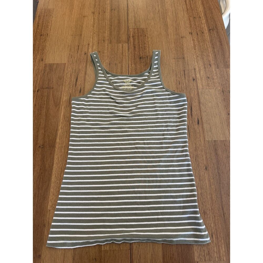 Faded Glory Olive Green & White Striped Tank Top Large 12-14